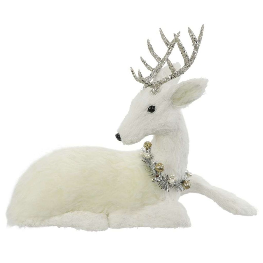 Holiday Romance * | Brand New 16 White Sitting Deer With Tinsel Wreath Tabletop Figure By Ashland