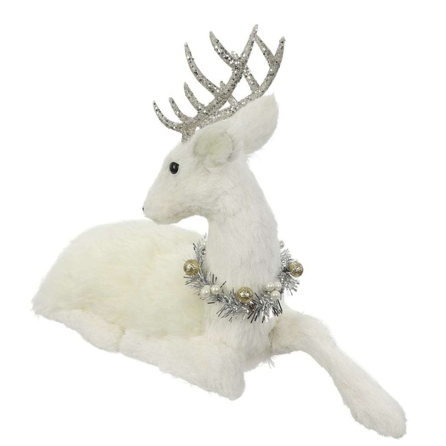 Holiday Romance * | Brand New 16 White Sitting Deer With Tinsel Wreath Tabletop Figure By Ashland