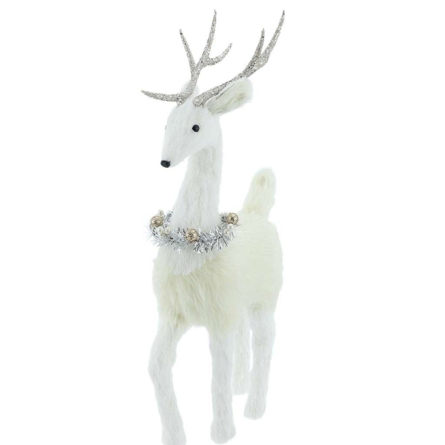 Holiday Romance * | Best Deal 20.5 White Standing Deer With Tinsel Wreath Tabletop Figure By Ashland