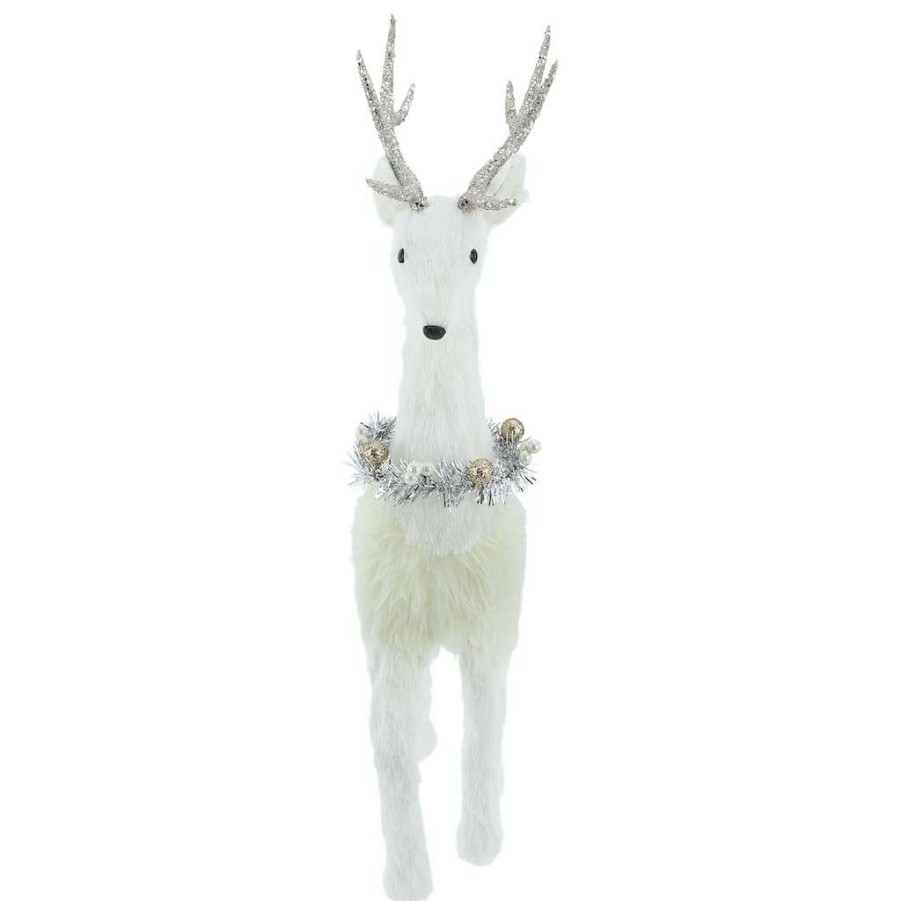 Holiday Romance * | Best Deal 20.5 White Standing Deer With Tinsel Wreath Tabletop Figure By Ashland