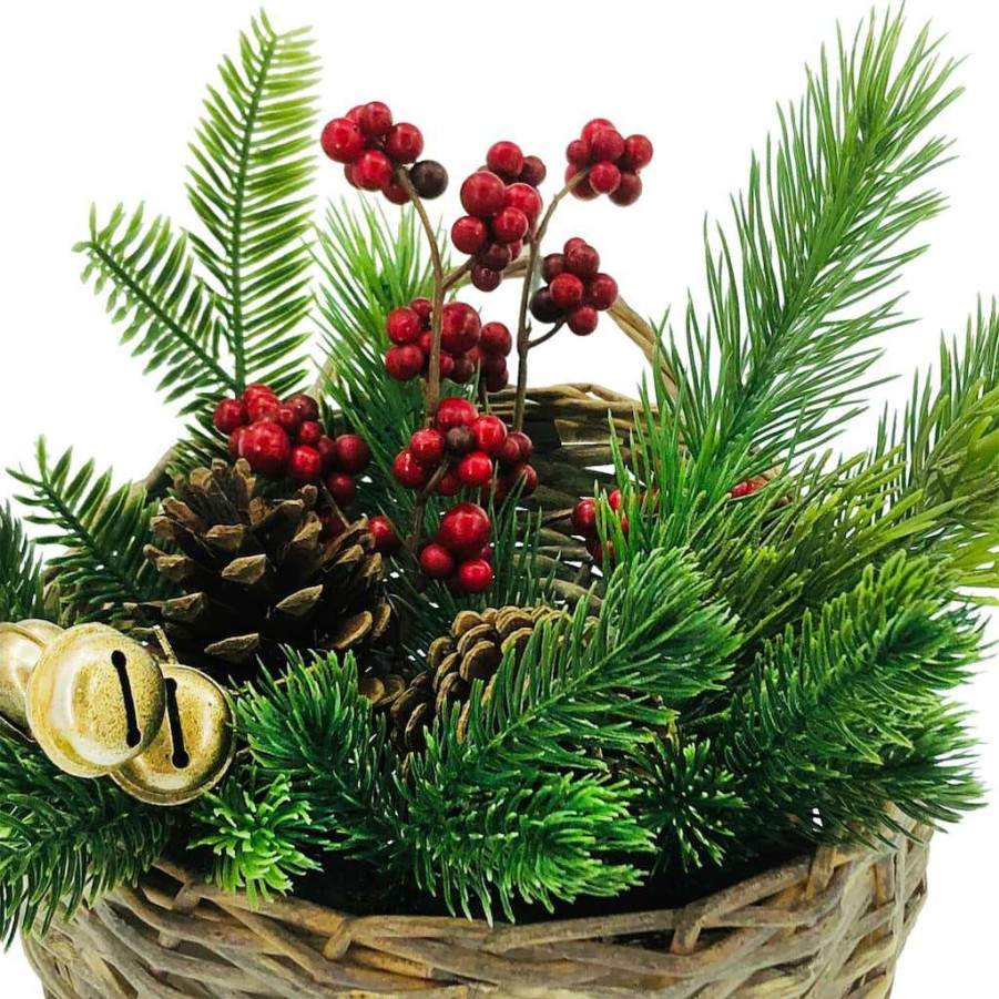 Christmas Cottage * | Wholesale Pine, Pinecone & Bells Basket Arrangement By Ashland