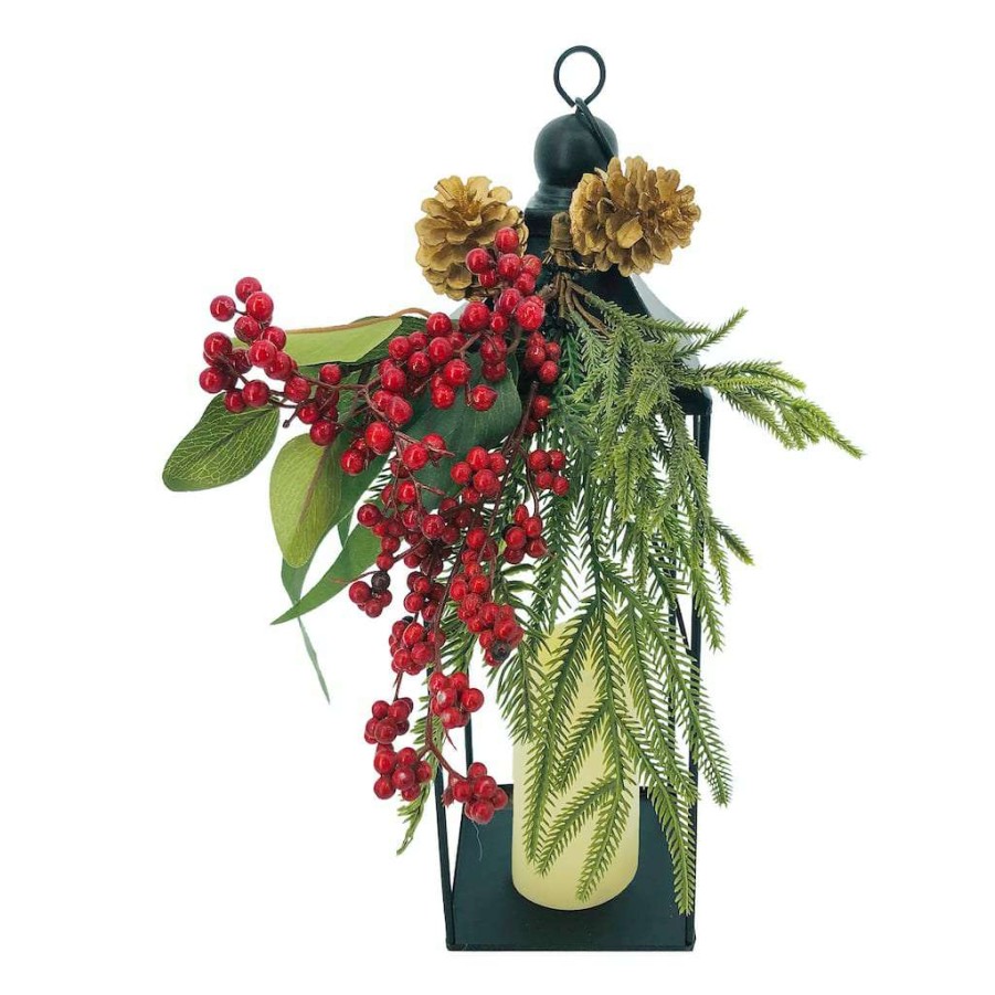 Mistletoe * | Outlet 17 Berry & Pinecone Tabletop Lantern By Ashland