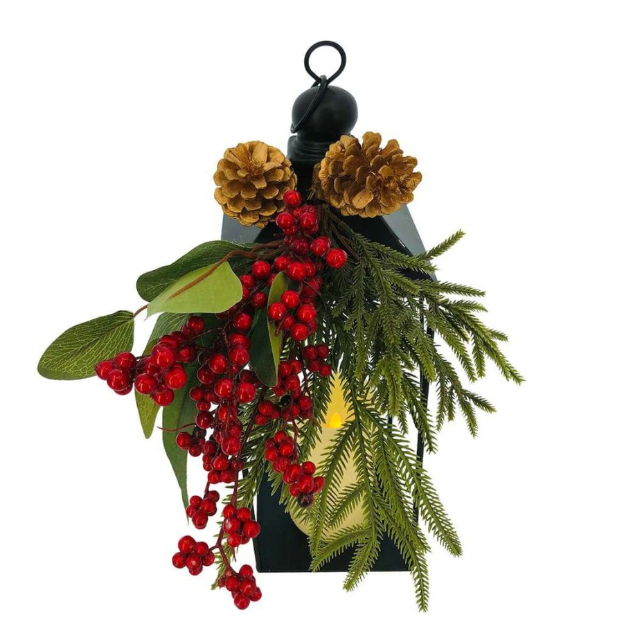 Mistletoe * | Outlet 17 Berry & Pinecone Tabletop Lantern By Ashland